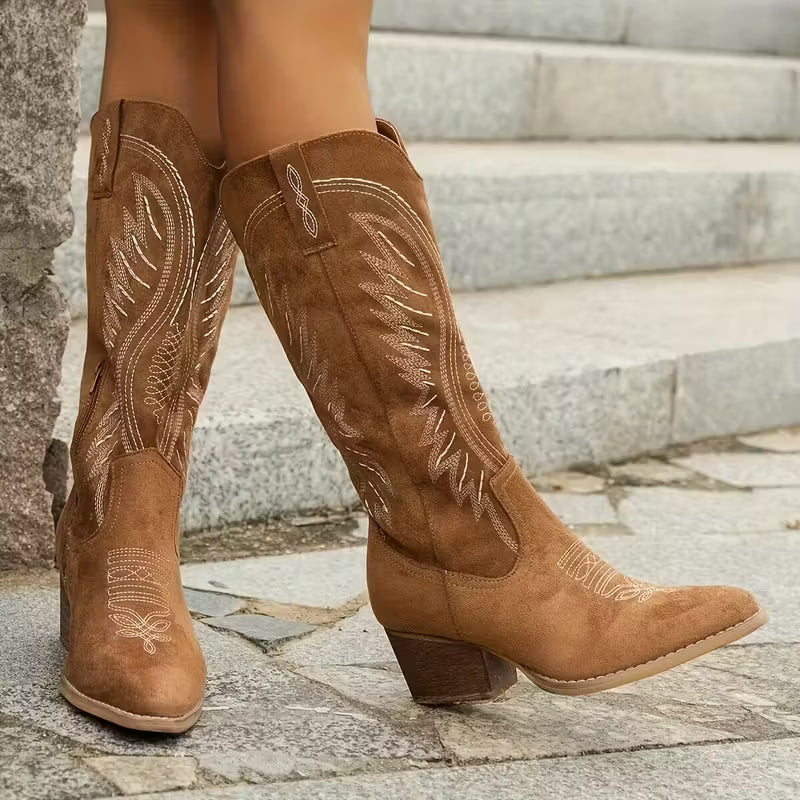 Last day 49% Off❤️ Women's Wide Calf Mid-Heel Western Boots with Zipper Closure