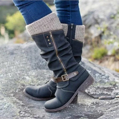 🎁Last Day  50% OFF❄️ ❤️ Women’s Leather Flat Heel Wide Mid-Calf Zipper Boots
