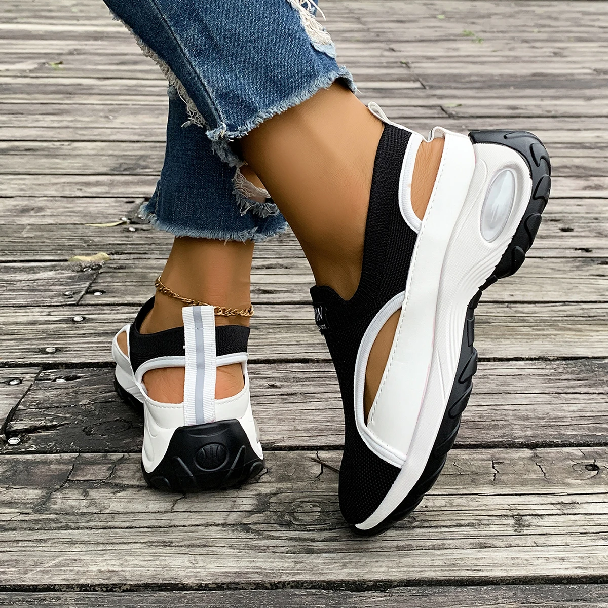 Summer Sale 50% Off❤️ Women's Lightweight Breathable Orthopedic Walking Slip-on, Black & White Camp Sneakers with Stability Support
