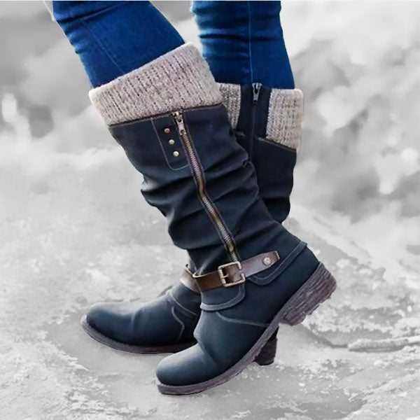 🎁Last Day  50% OFF❄️ ❤️ Women’s Leather Flat Heel Wide Mid-Calf Zipper Boots