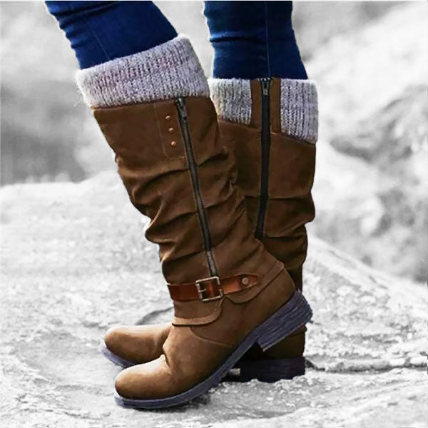🎁Last Day  50% OFF❄️ ❤️ Women’s Leather Flat Heel Wide Mid-Calf Zipper Boots