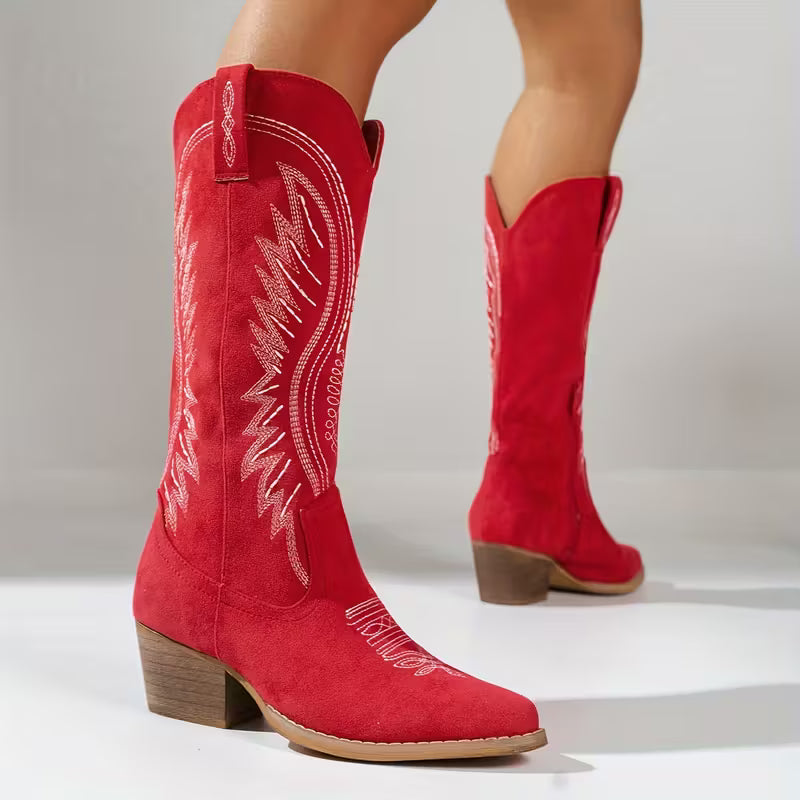 Last day 49% Off❤️ Women's Wide Calf Mid-Heel Western Boots with Zipper Closure